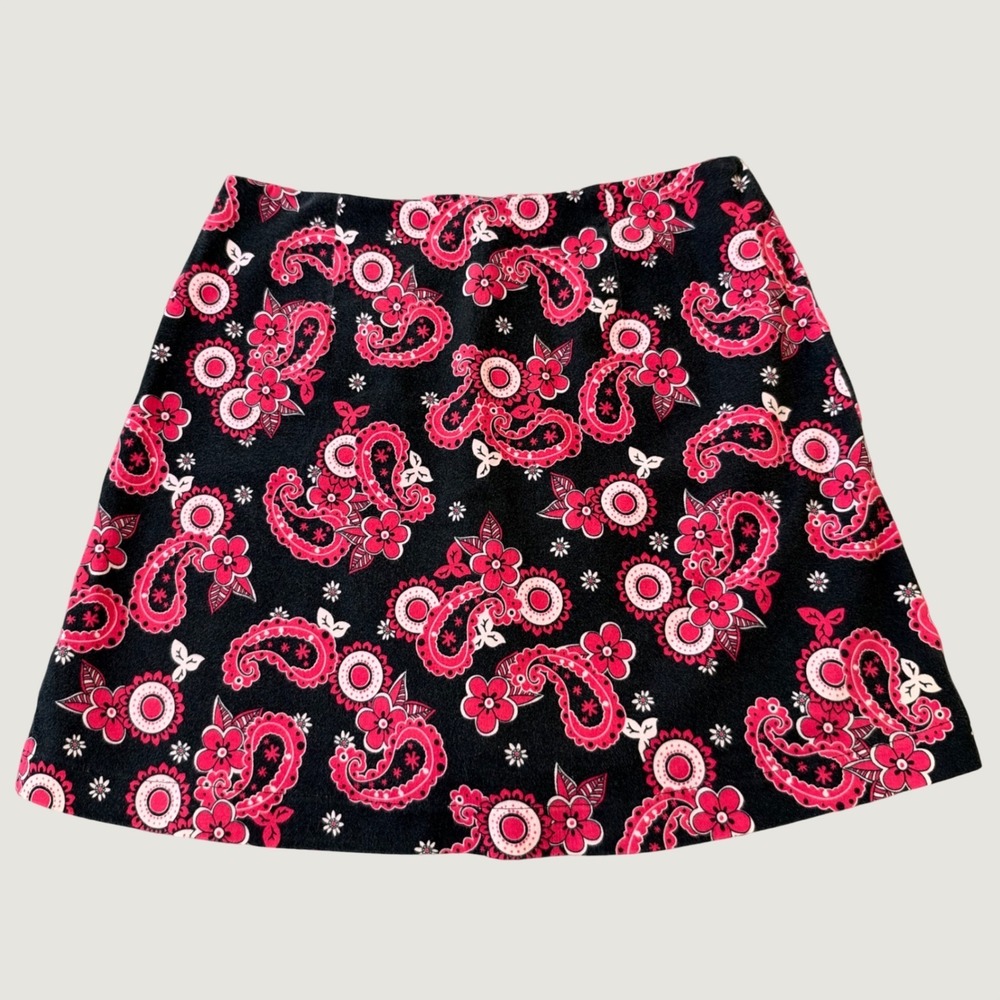Paisley Mini Skirt Size 6 Floral Stretch Cotton A-Line Black Pink Y2K